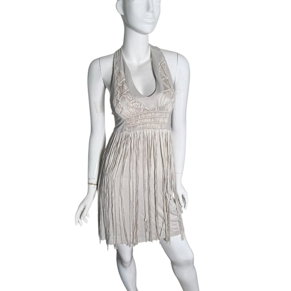 Vintage halter neck Babakul Dress taupe gray Fringe Boho Macrame Mini Festival S